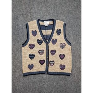 Vintage Christopher Banks Knit Sweater Vest Large Hearts Granny Hand Embroidered